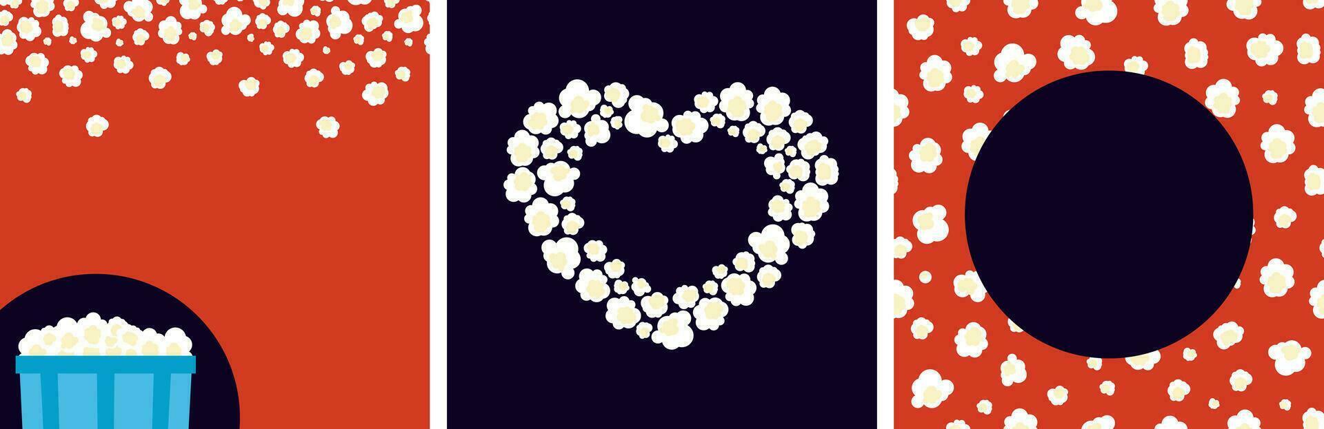 Pop corn frames poster set. Pop corn flakes backgrounds. Square composition. Corn flakes in a shape of heart. Blank place for text. vector