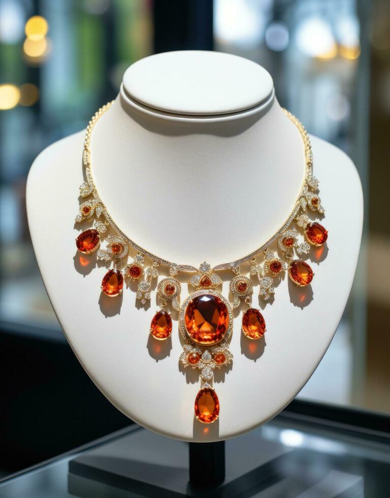 AI generated a necklace with gemstones in a store window, photo