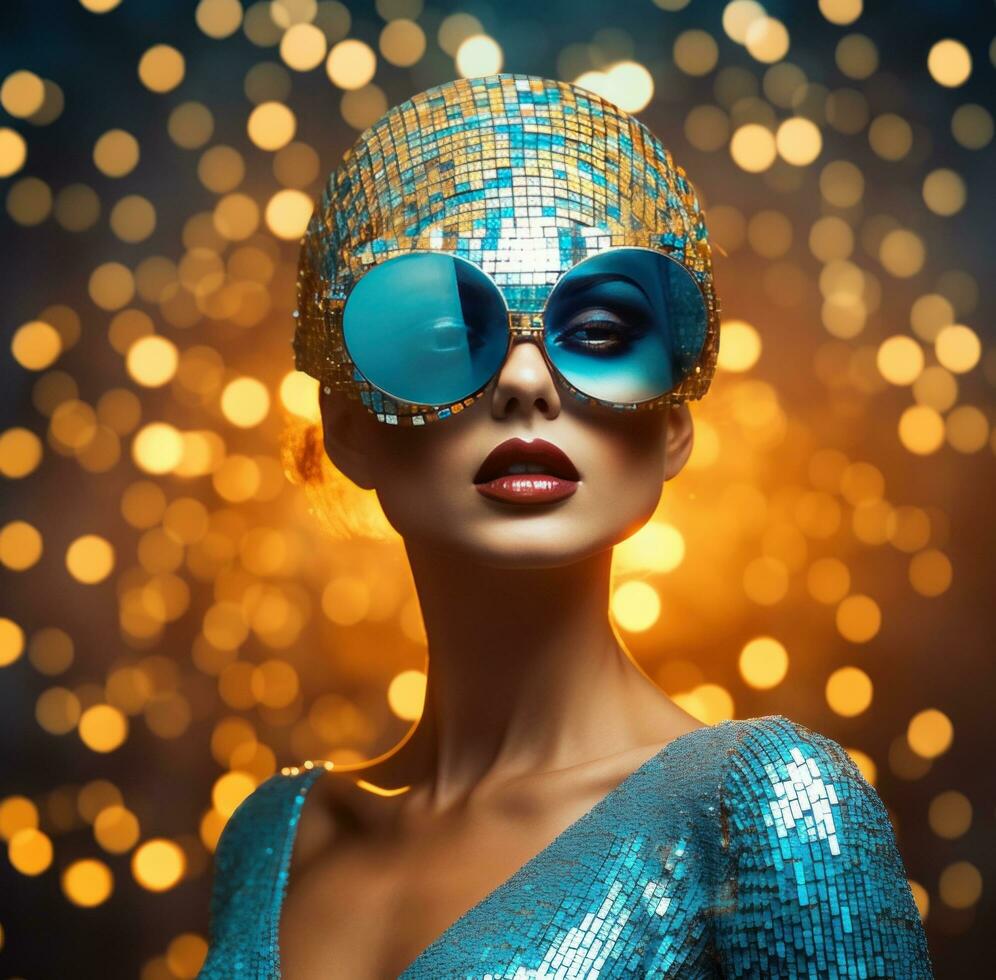 AI generated elegant photo shoot in a disco head costume,