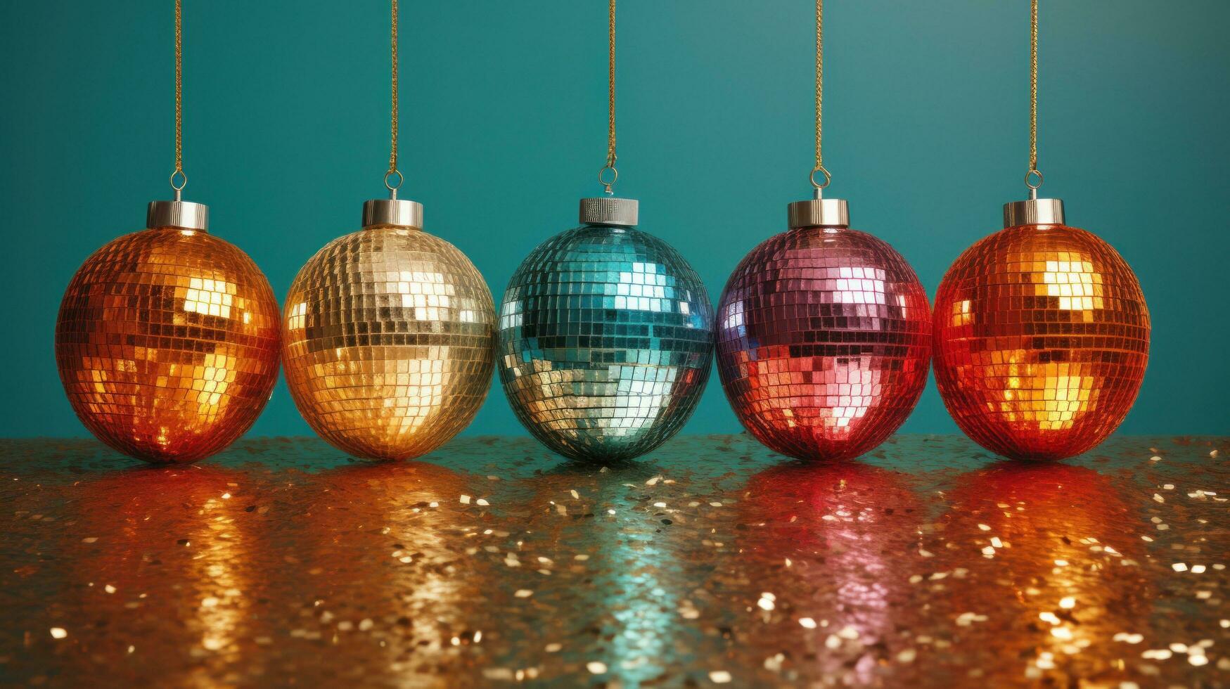 AI generated six disco balls against colorful lighting background, photo