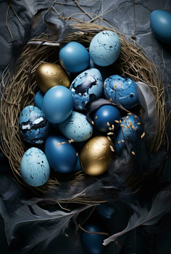 AI generated colorful easter eggs in a nest with stars and stars, photo