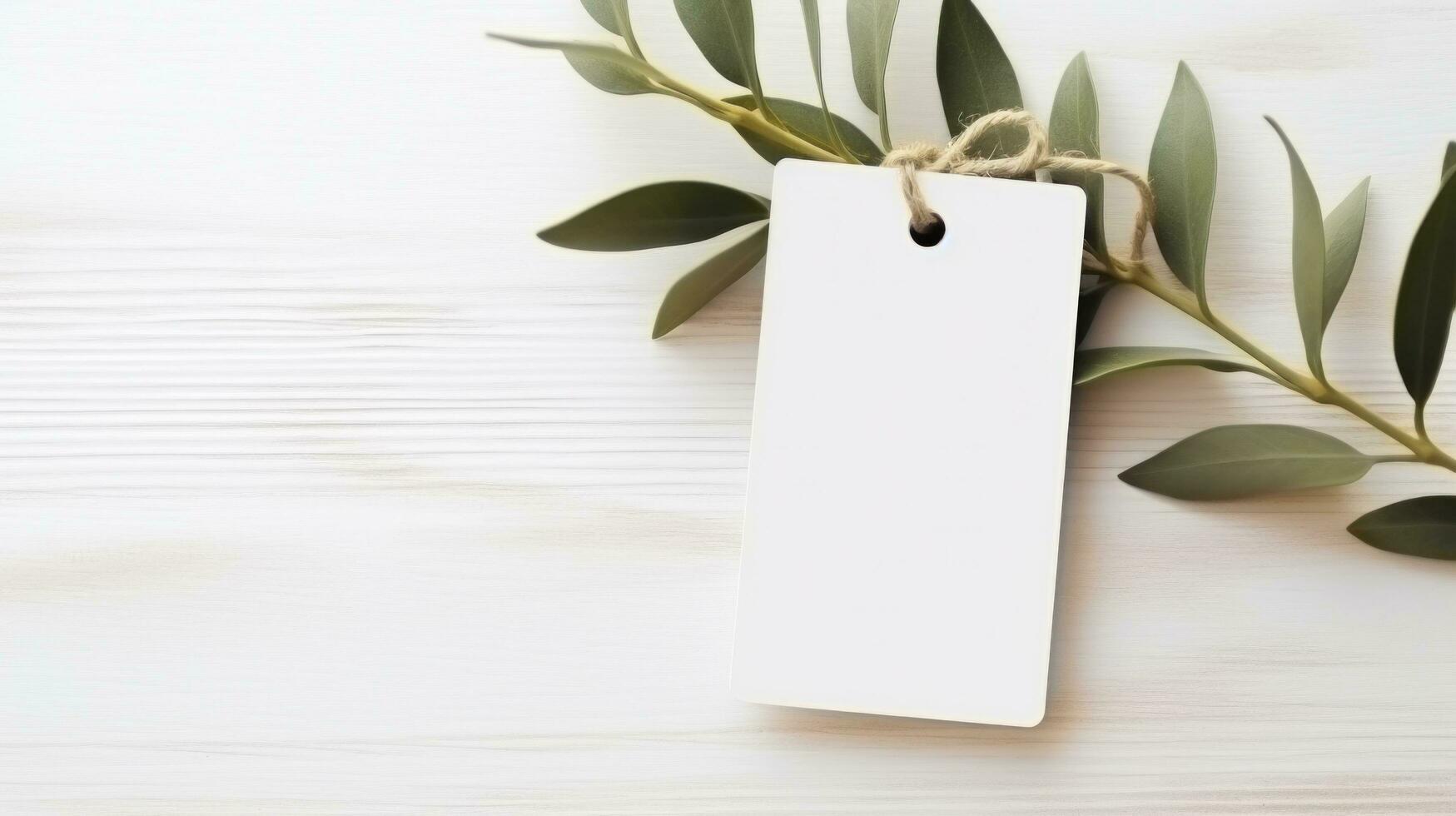 ai generado blanco blanco etiqueta con blanco frente realista en un Bosquejo modelo en un blanco de madera mesa con aceituna hoja rama foto