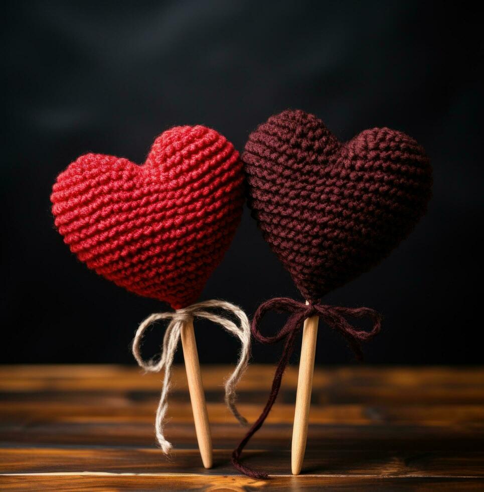 AI generated two crochet hearts on a toothpick, photo