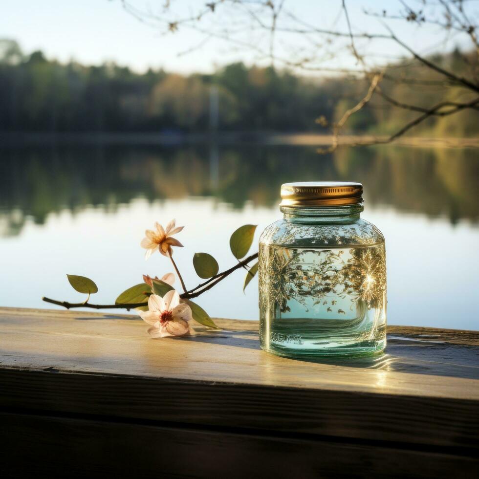 AI generated a small jar sitting on a table near a lake, photo