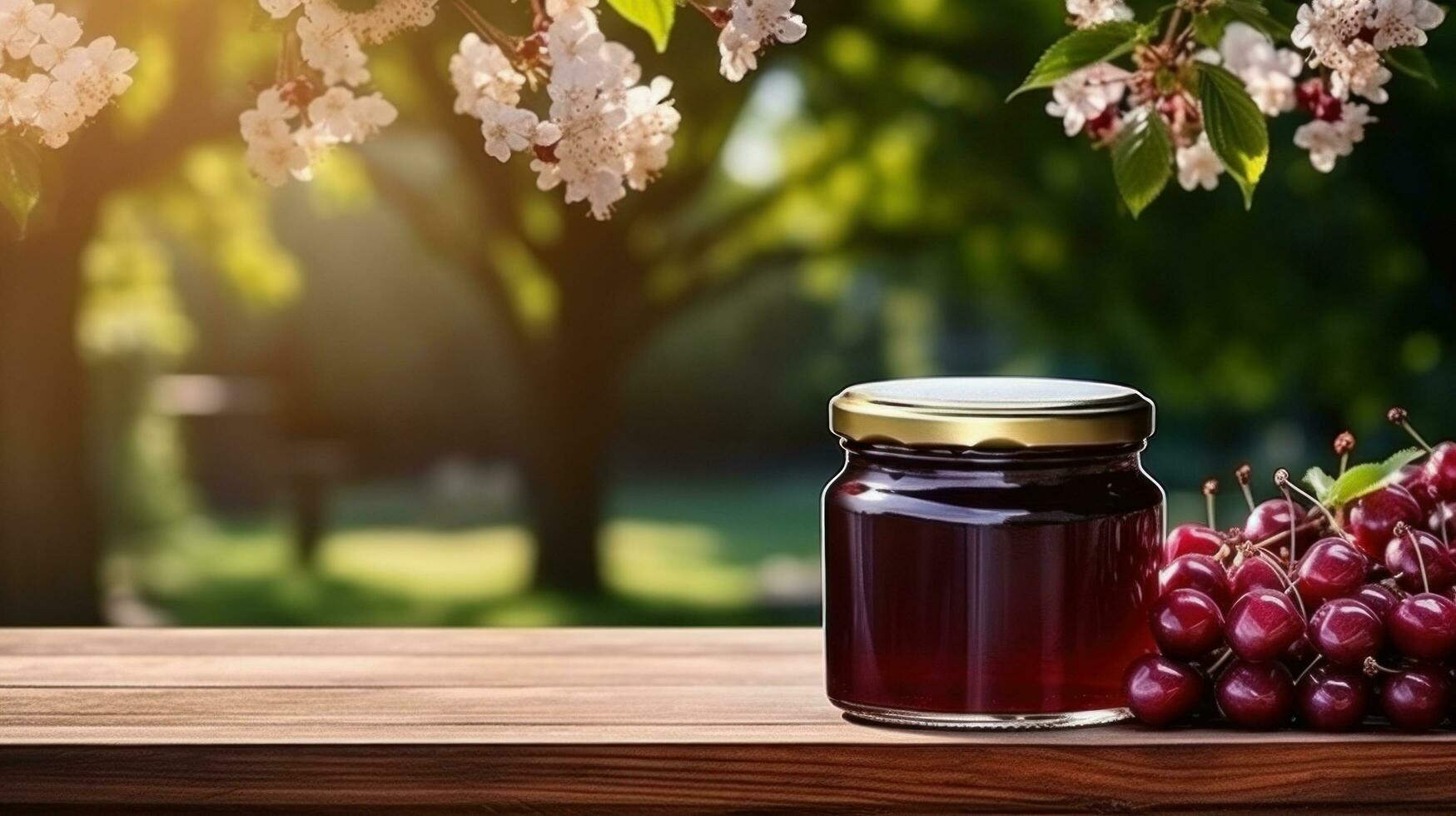 AI generated jar of cherry jam with blank front realistic on a mockup template in a wooden table in a summer garden photo