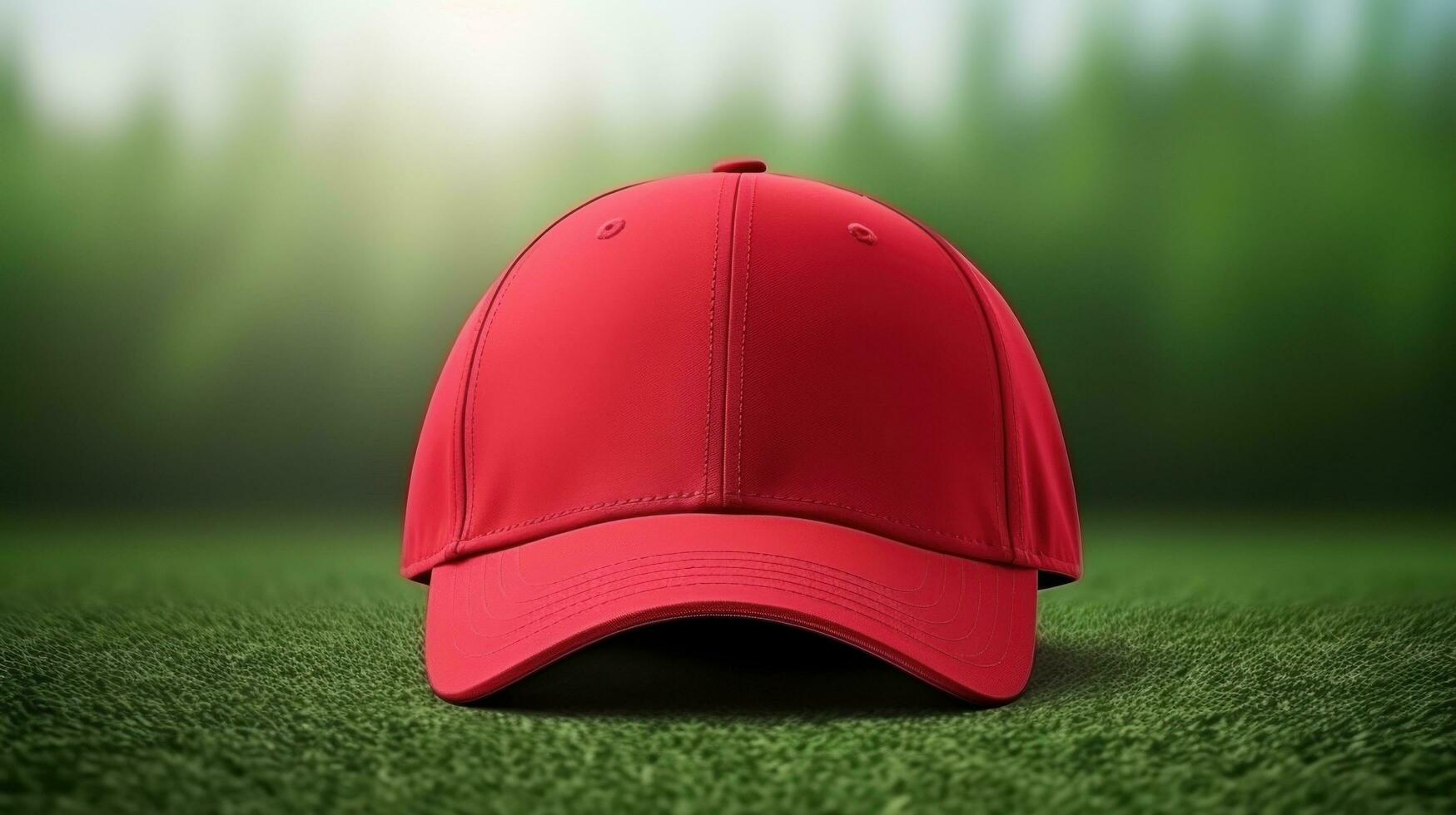 AI generated Athlete modern baseball red cap with realistic on a mockup template in a grass in a stadium photo