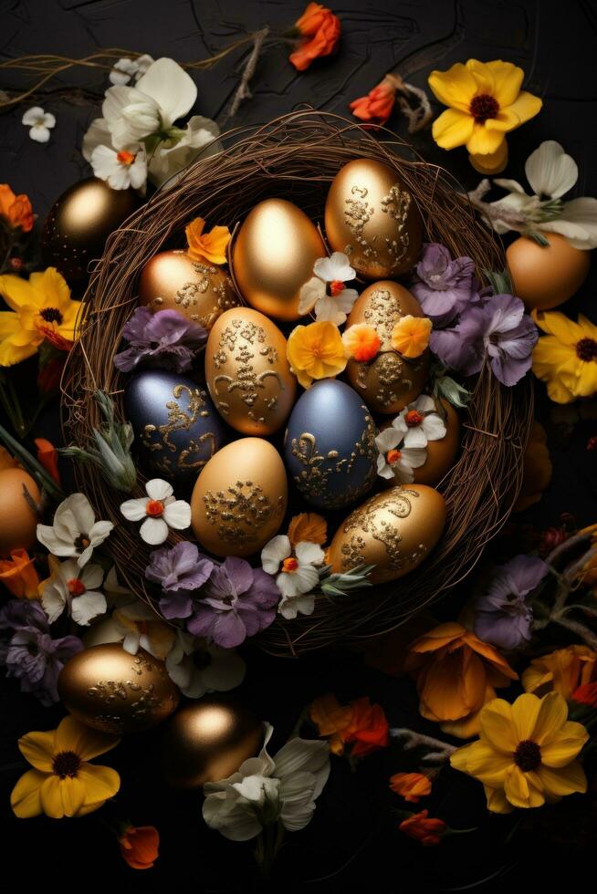 AI generated easter eggs and spring flowers in a basket, photo