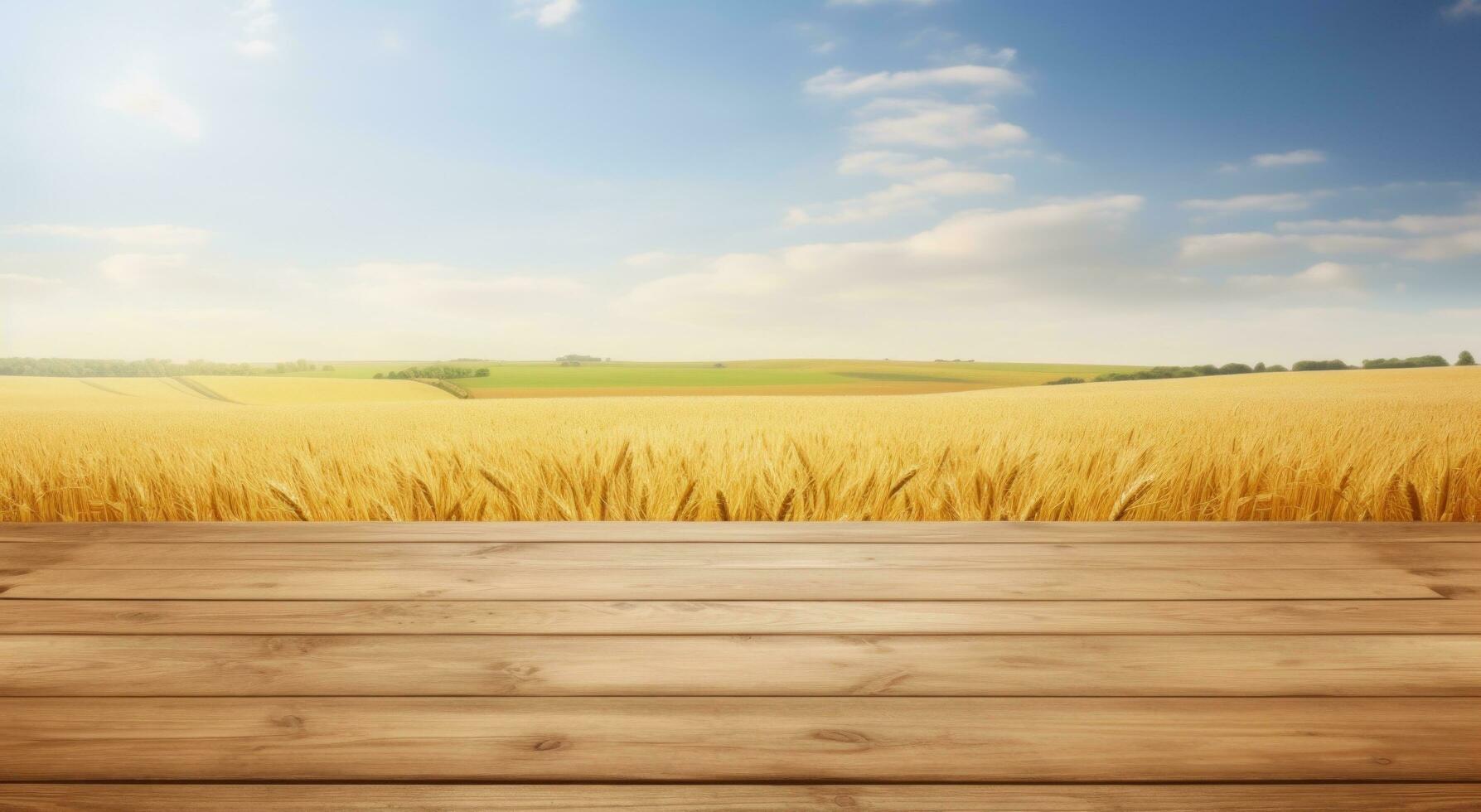 AI generated table top background of wheatfield, photo