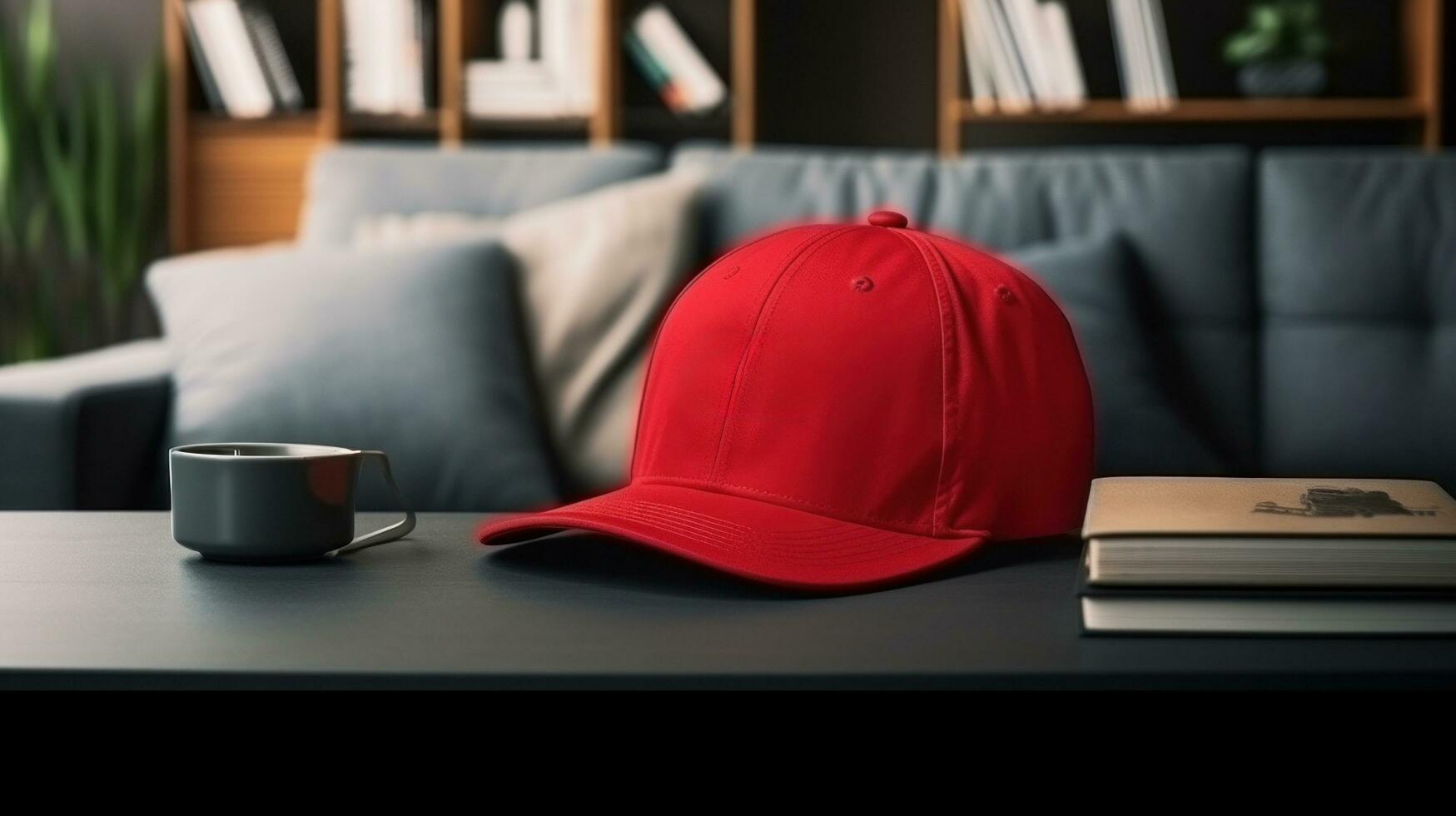 AI generated Athlete modern baseball red cap with realistic on a mockup template in a grass in a stadium photo