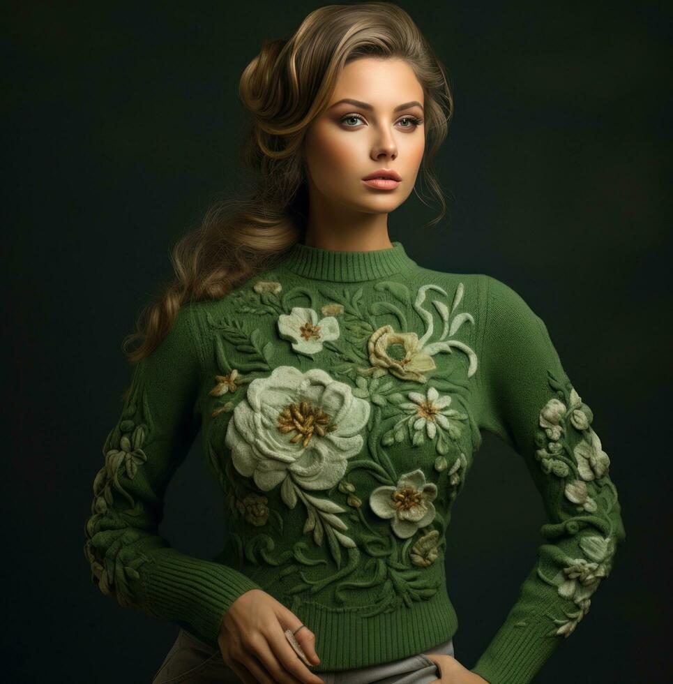 ai generado el suéter mira me gusta un verde suéter con flores en él, foto