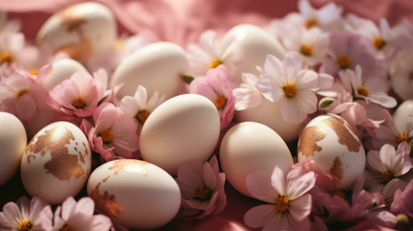 ai generado Pascua de Resurrección huevos son sentado en pétalos y un rosado fondo, foto