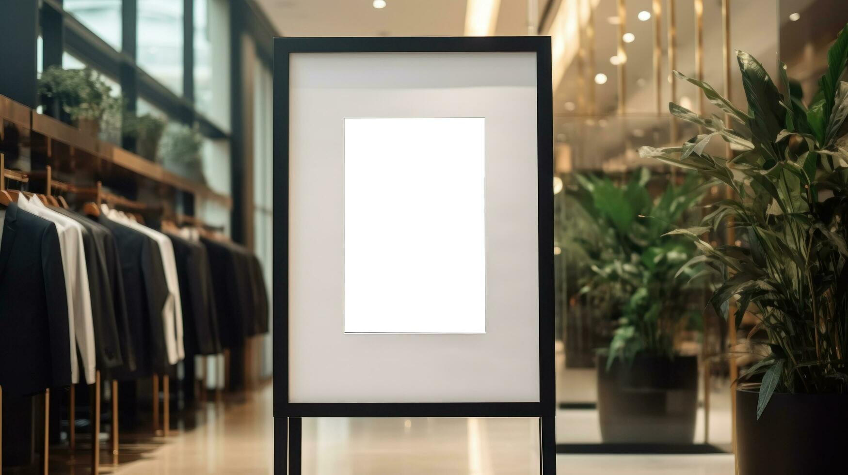 AI generated poster image with blank front ealistic on a mockup template in a brick wall in a luxury modern clothing shop, photo