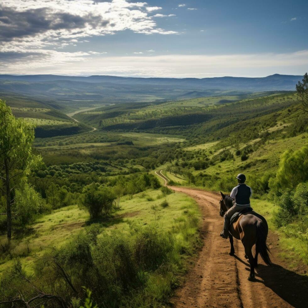 AI generated A rider and horse traversing a winding mountain trail, with stunning views of landscape photo