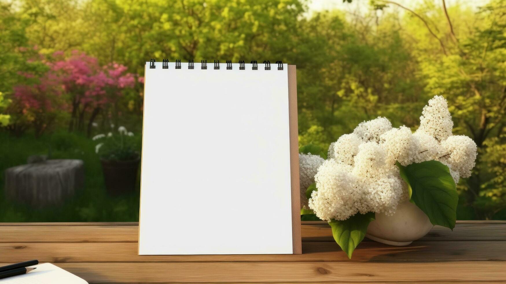 ai generado bloc con blanco frente, realista en un Bosquejo modelo en un de madera mesa en un primavera jardín foto