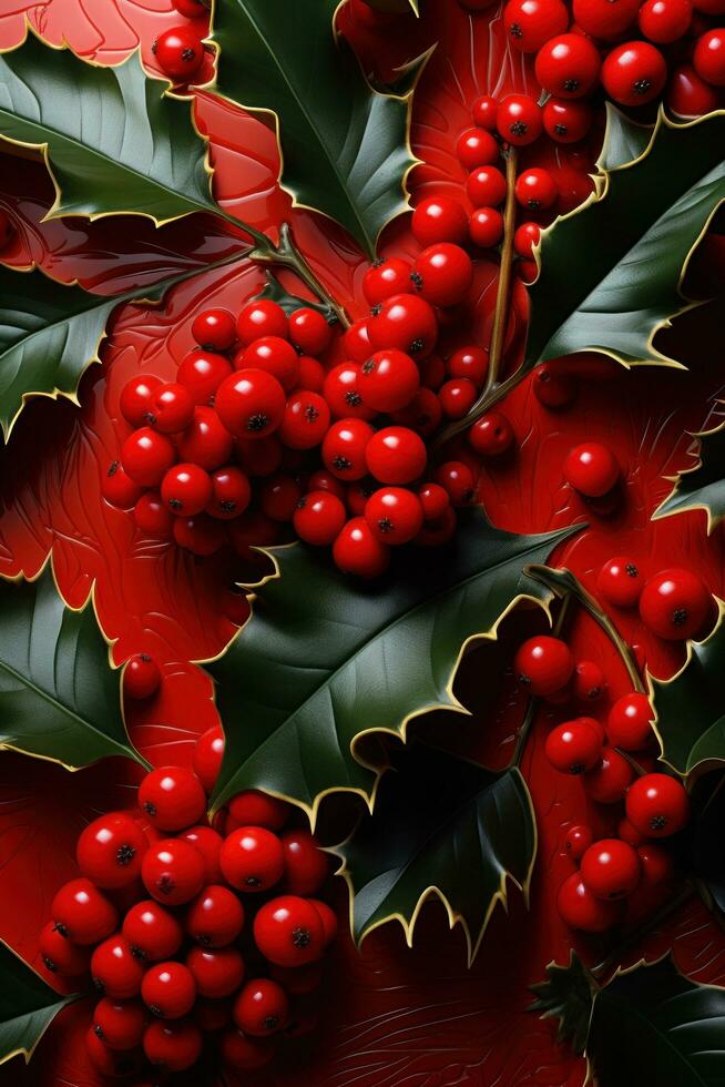 AI generated red background with holly leaves and berries photo