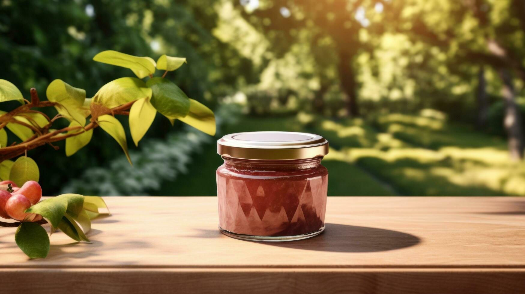 AI generated jar of appple jam with blank front realistic on a mockup template in a wooden table in a summer garden photo