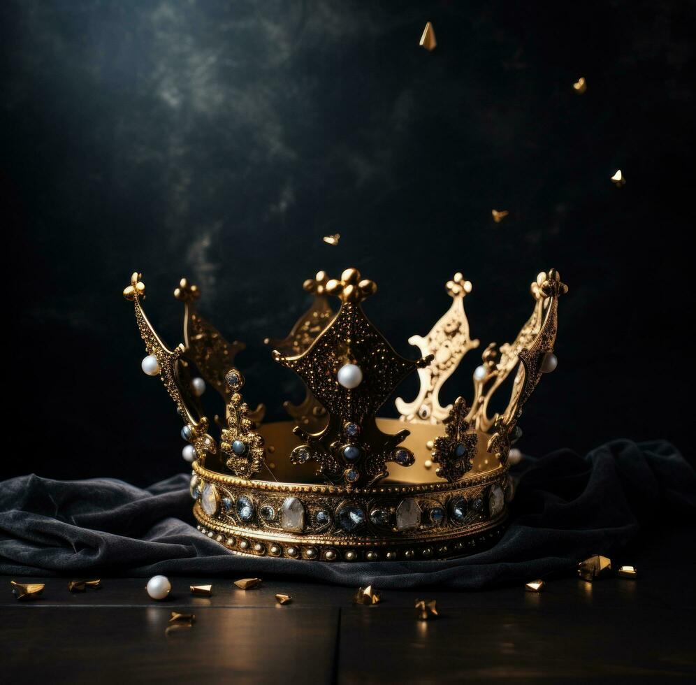 AI generated gold crown with golden glitter, on black background, photo