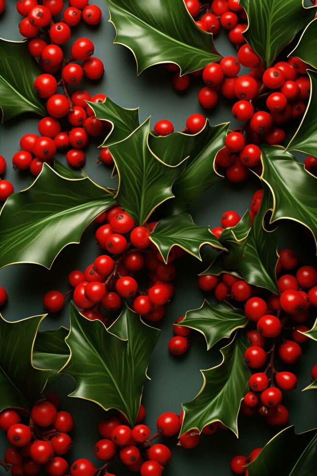 AI generated red background with holly leaves and berries photo