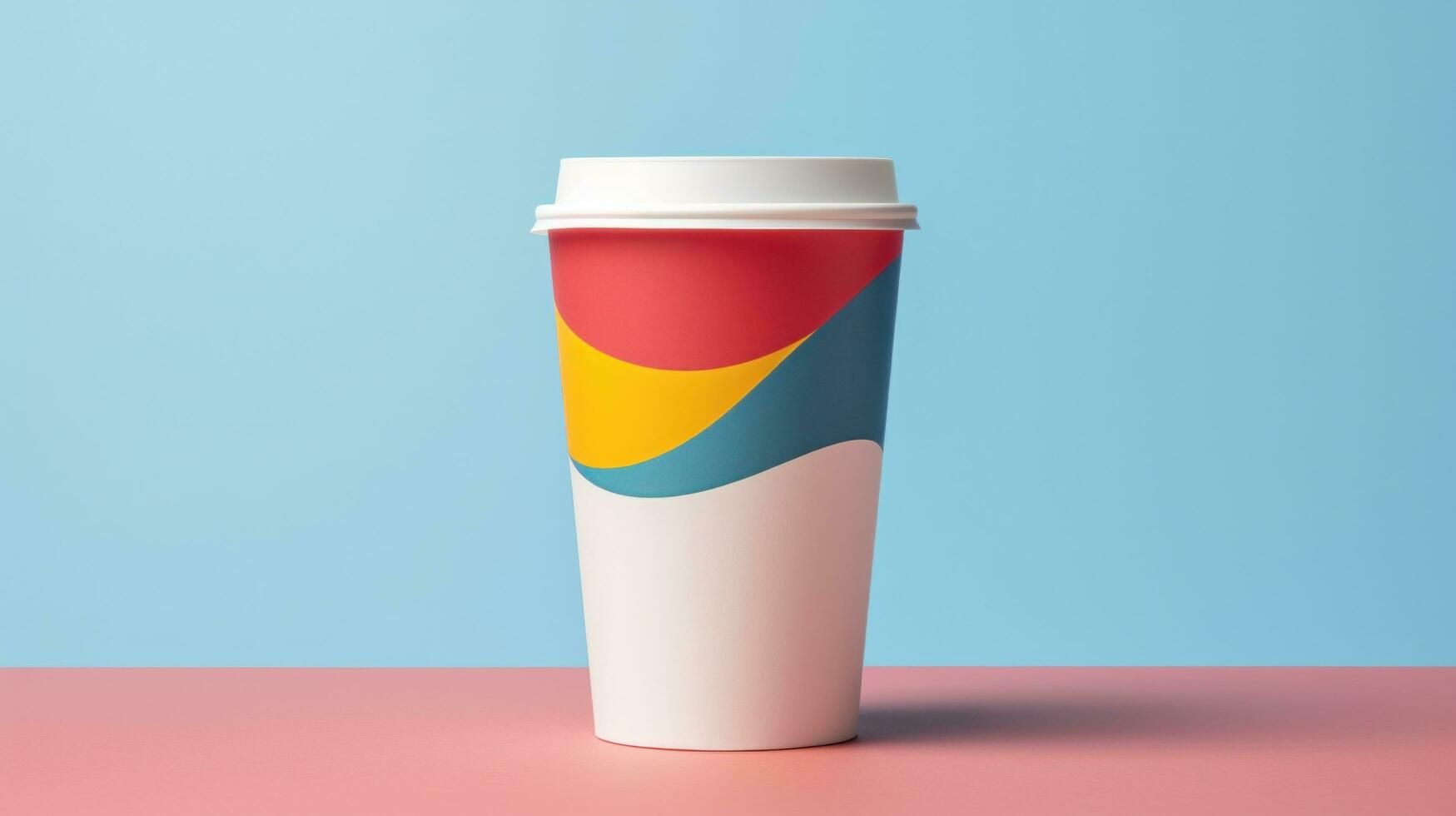 AI generated paper coffee cup with blank front, realistic on a mockup template in a colorful abstract photo