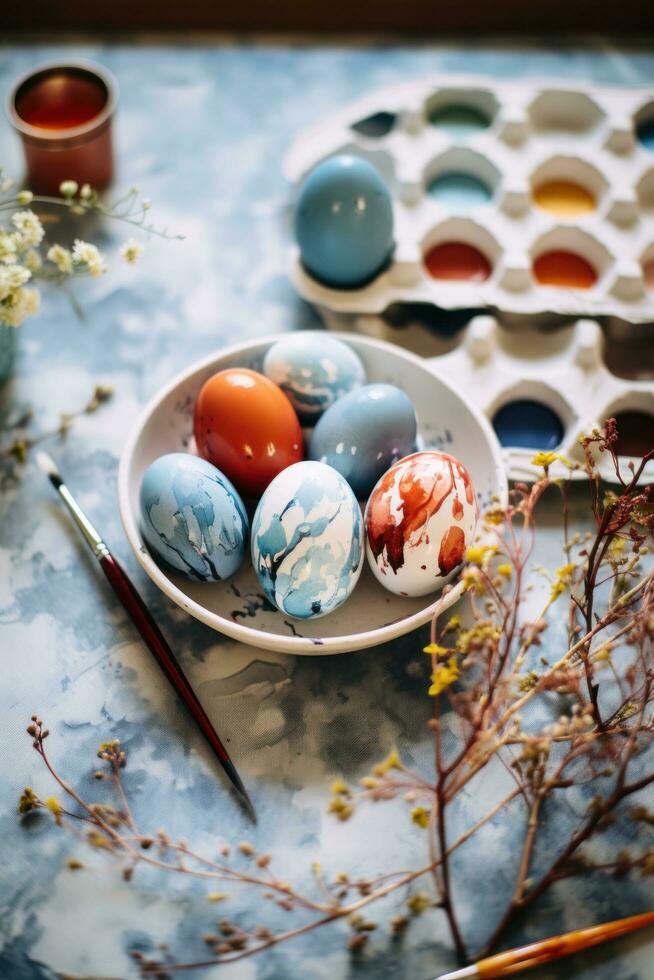 ai generado algunos Pascua de Resurrección huevos Listo para decorando, yo foto