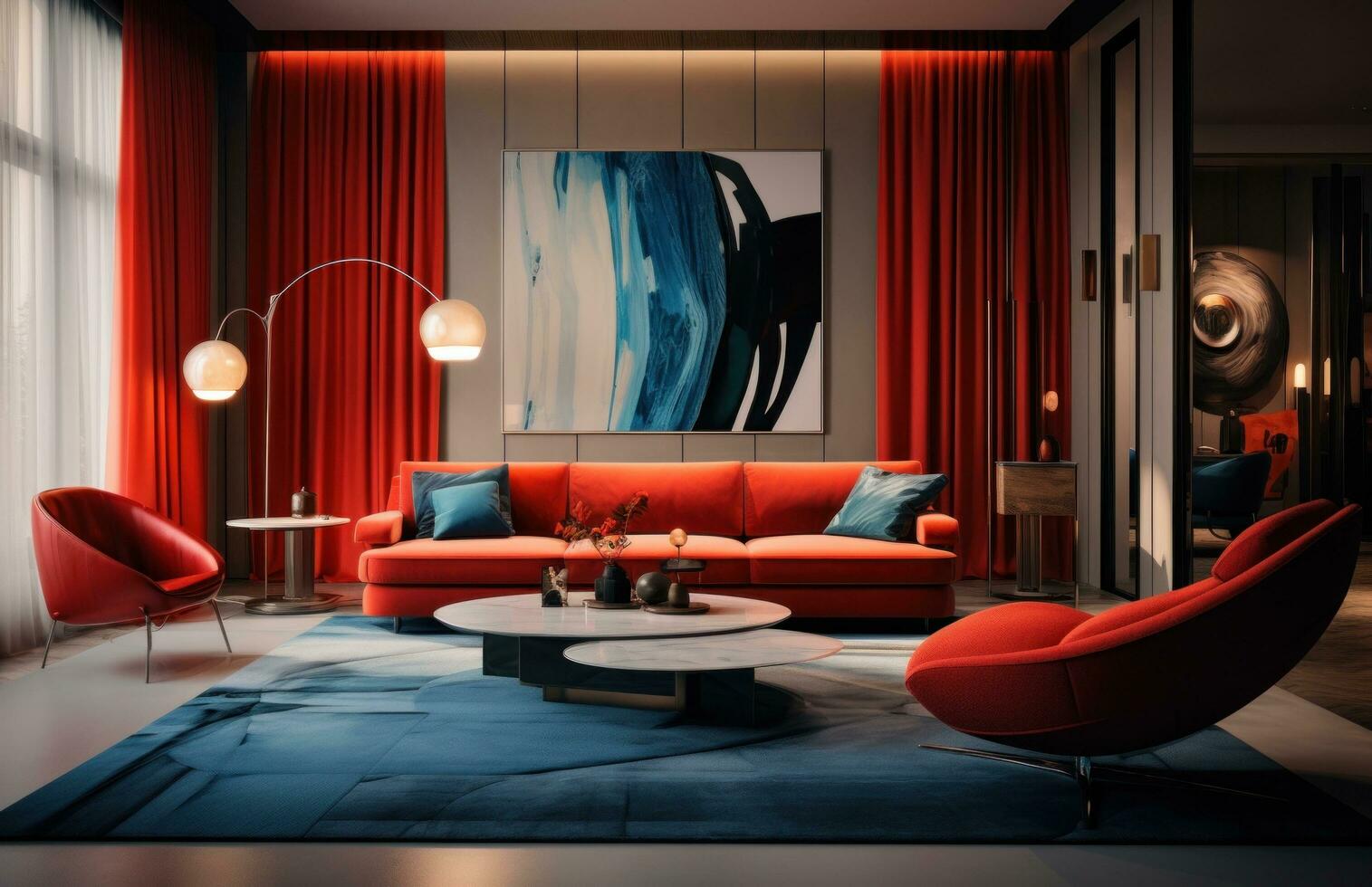 AI generated an apartment with a grey couch, a red rug, and red curtains, photo