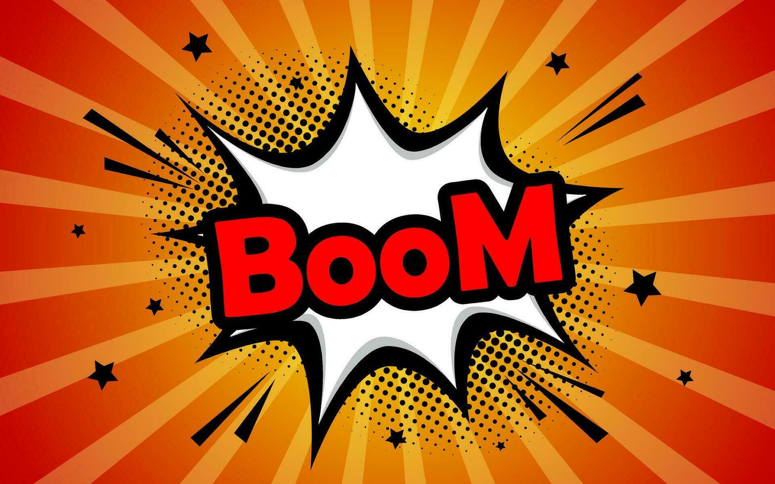 Boom isolated comic text speech bubble. Colorful pop art style sound effects. Halftone vector illustration banner.