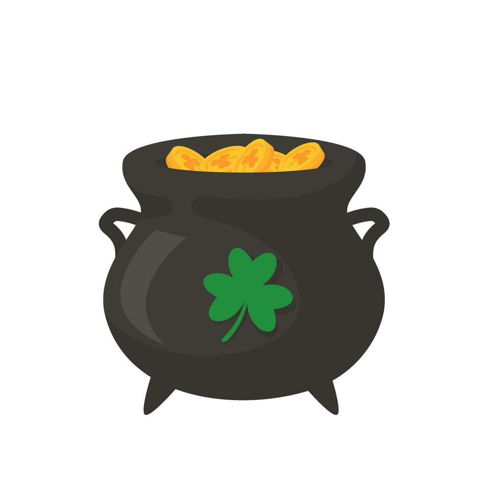 The green pot is full of gold coins. with good luck clover on st patrick festival vector