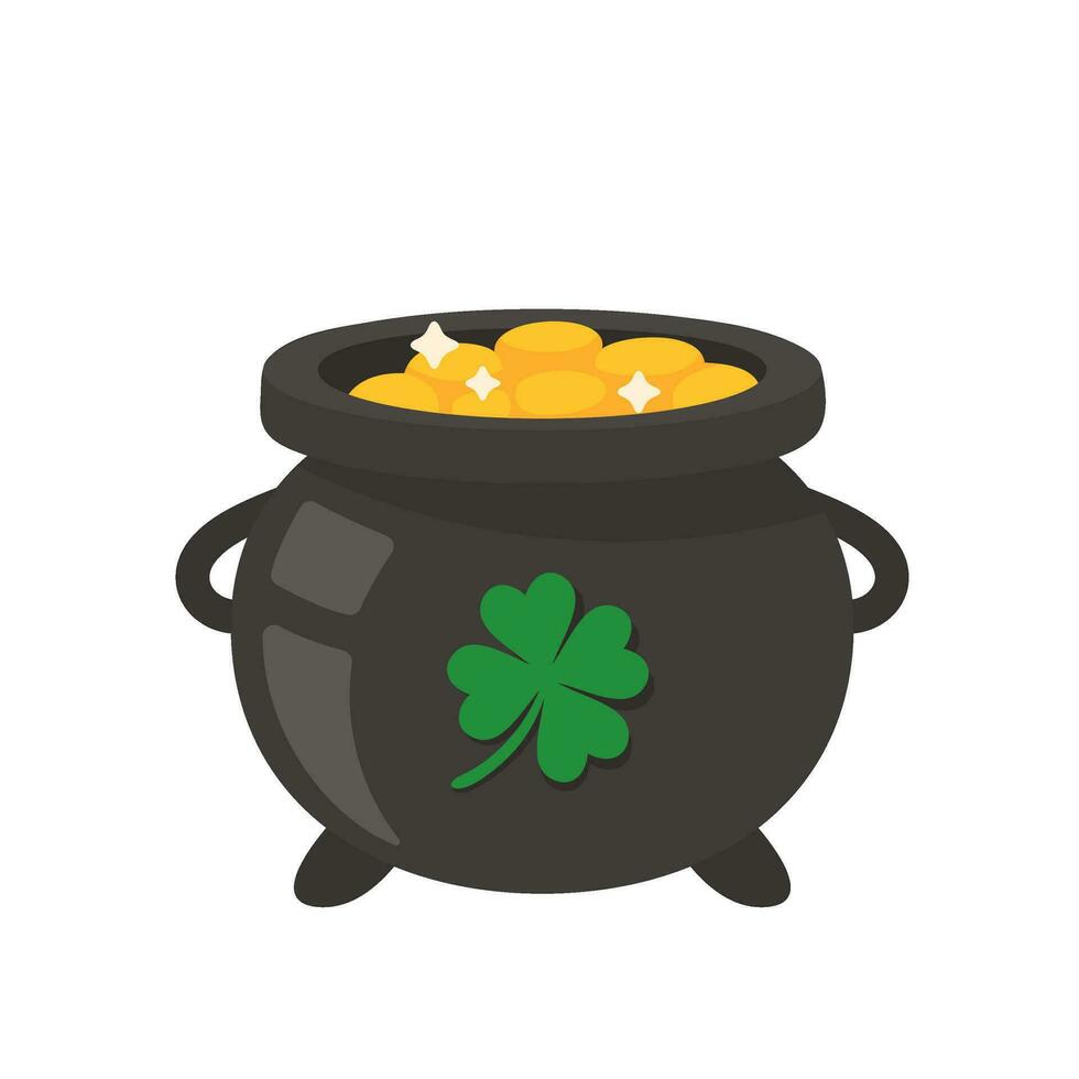 The green pot is full of gold coins. with good luck clover on st patrick festival vector