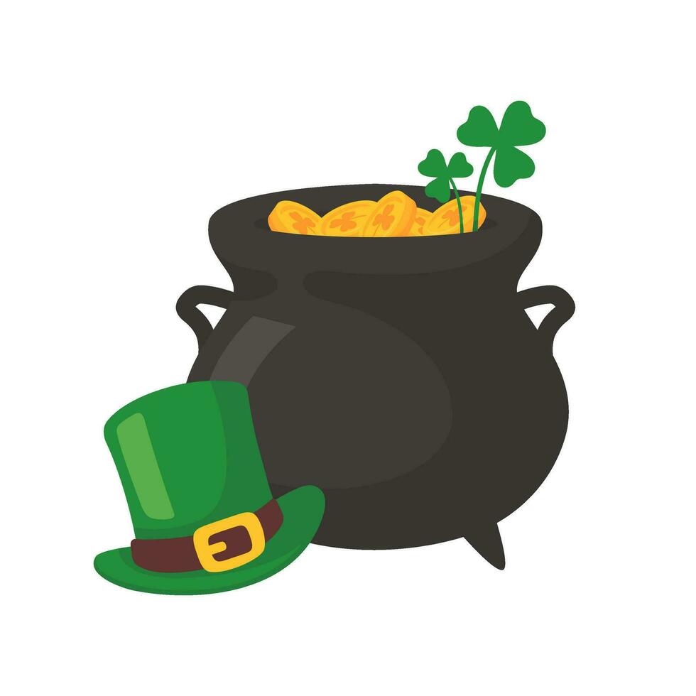 The green pot is full of gold coins. with good luck clover on st patrick festival vector