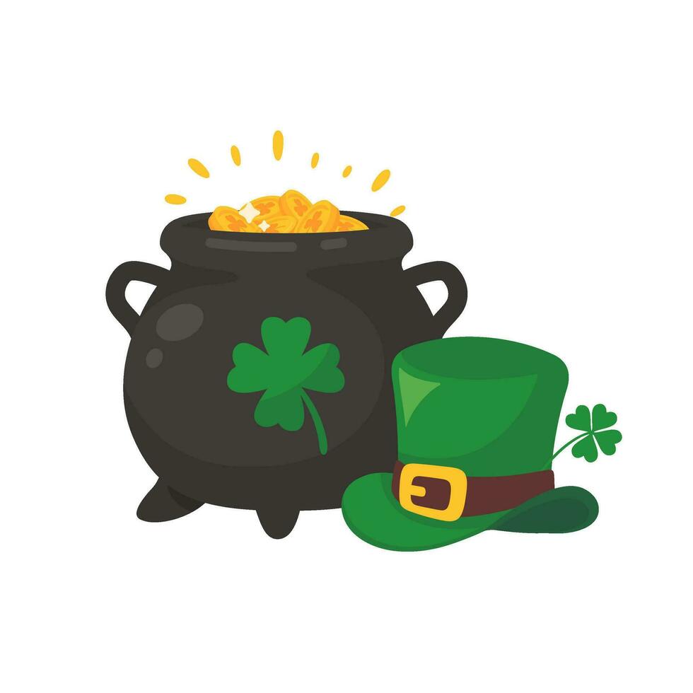 The green pot is full of gold coins. with good luck clover on st patrick festival vector