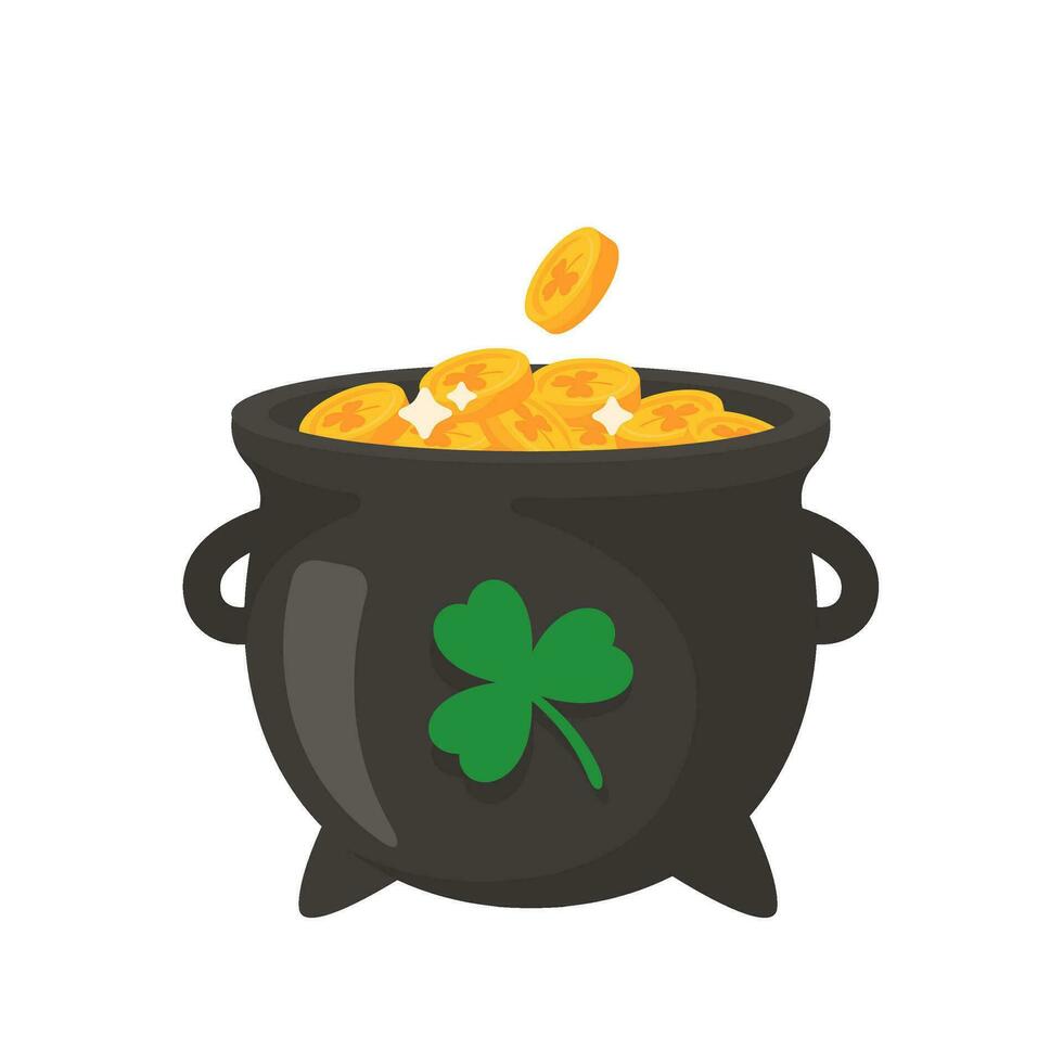 The green pot is full of gold coins. with good luck clover on st patrick festival vector