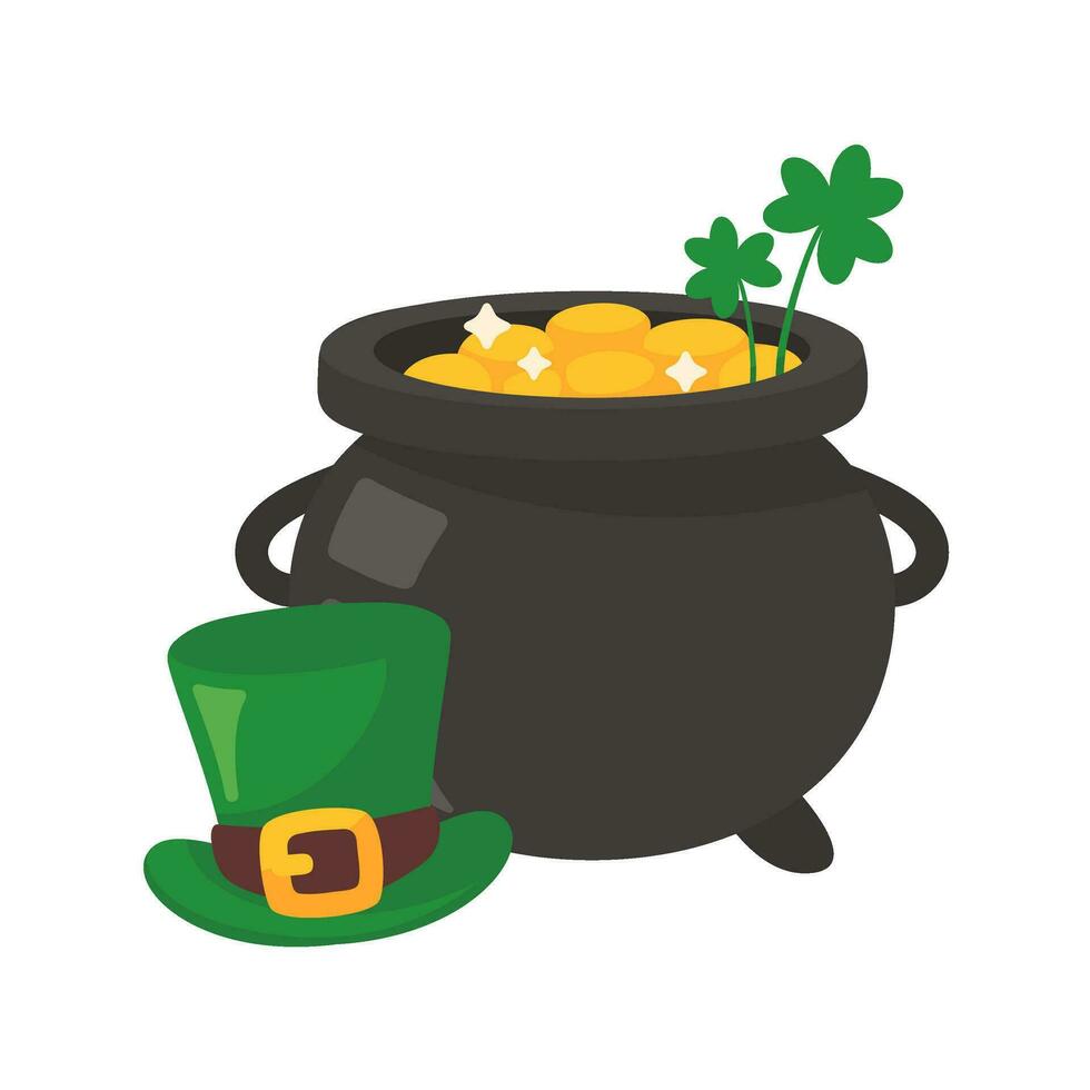 The green pot is full of gold coins. with good luck clover on st patrick festival vector