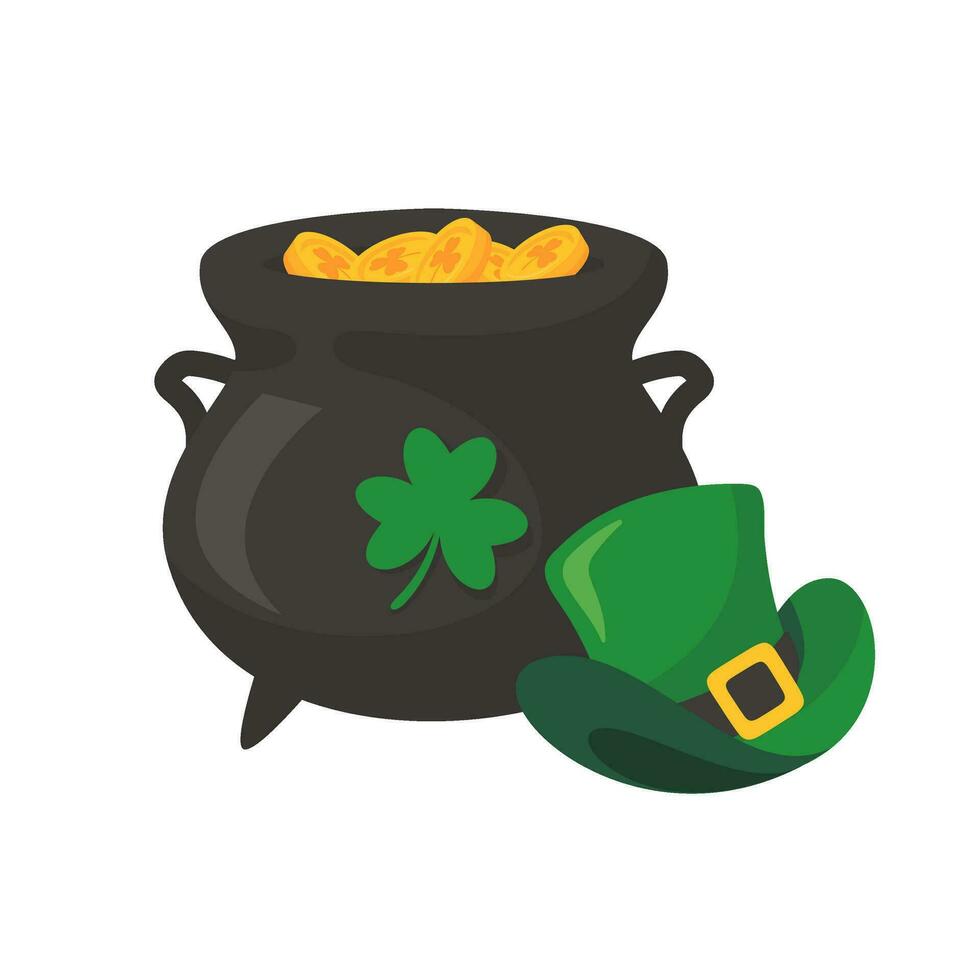 The green pot is full of gold coins. with good luck clover on st patrick festival vector