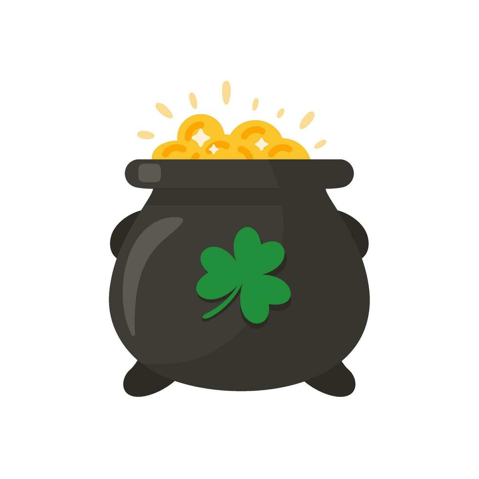 The green pot is full of gold coins. with good luck clover on st patrick festival vector