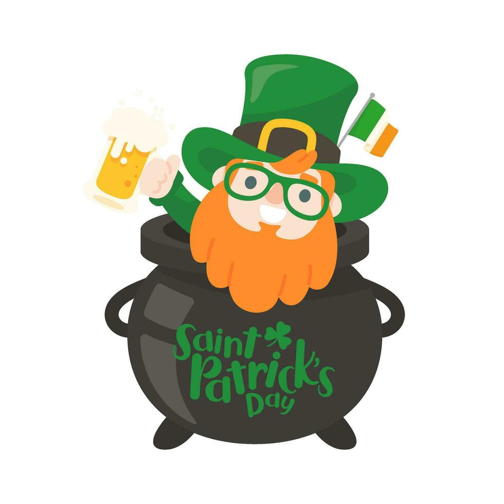 Cartoon man with long beard drinking beer celebrates St. Patrick's Day. vector