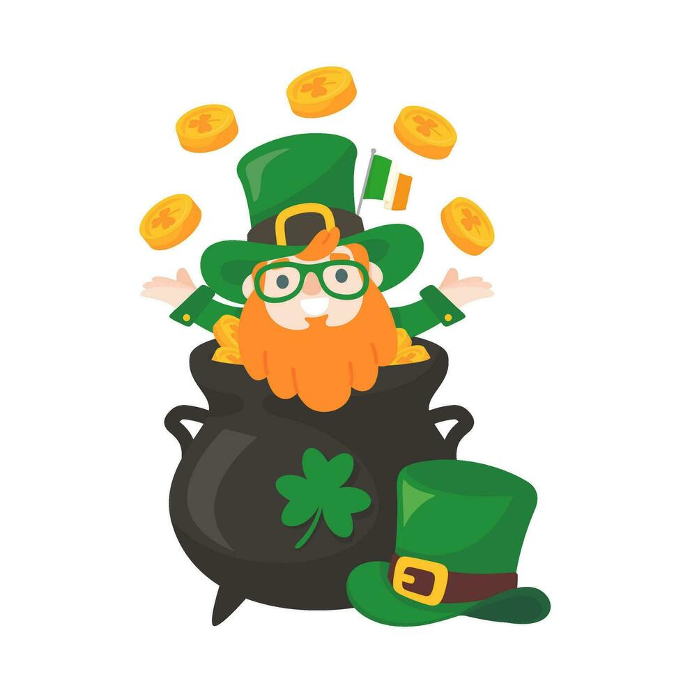 Cartoon man with long beard drinking beer celebrates St. Patrick's Day. vector