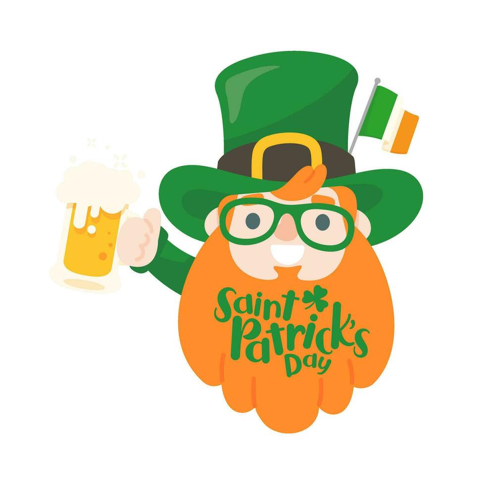 Cartoon man with long beard drinking beer celebrates St. Patrick's Day. vector