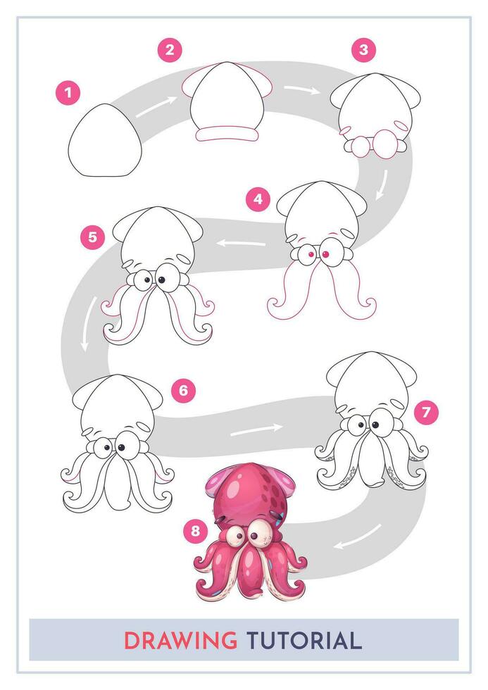 How to Draw a Squid. Step by Step Drawing Tutorial. Draw Guide. Simple Instruction for Kids and Adults vector