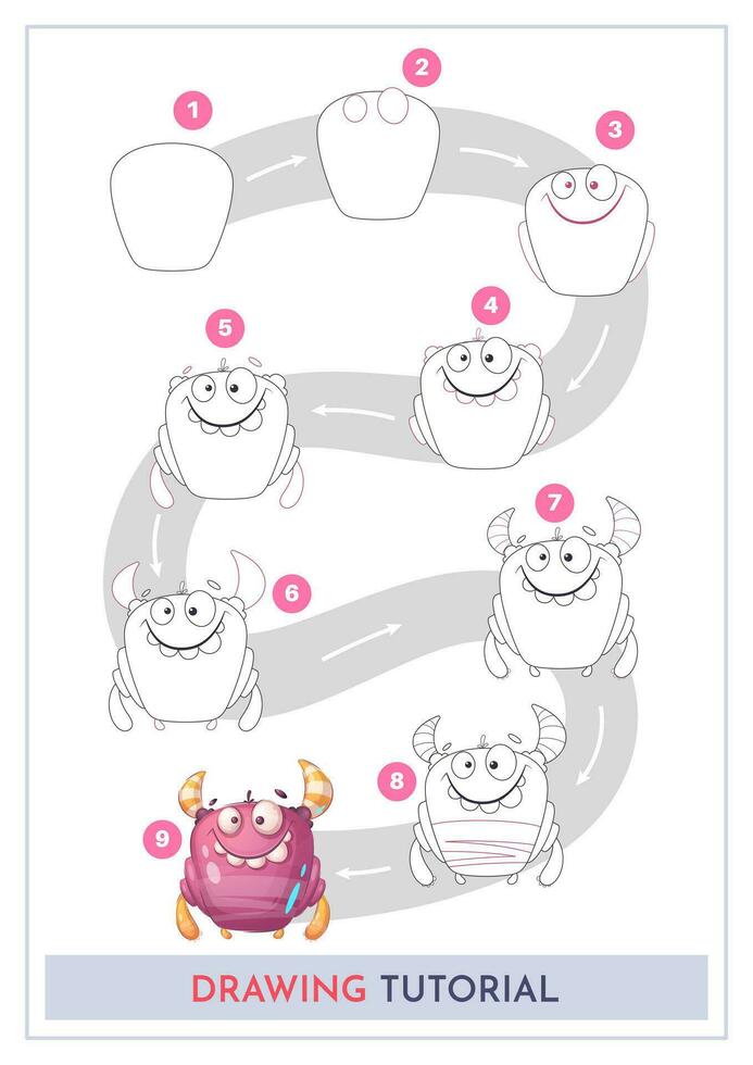 How to Draw a Monster. Step by Step Drawing Tutorial. Draw Guide. Simple Instruction for Kids and Adults vector