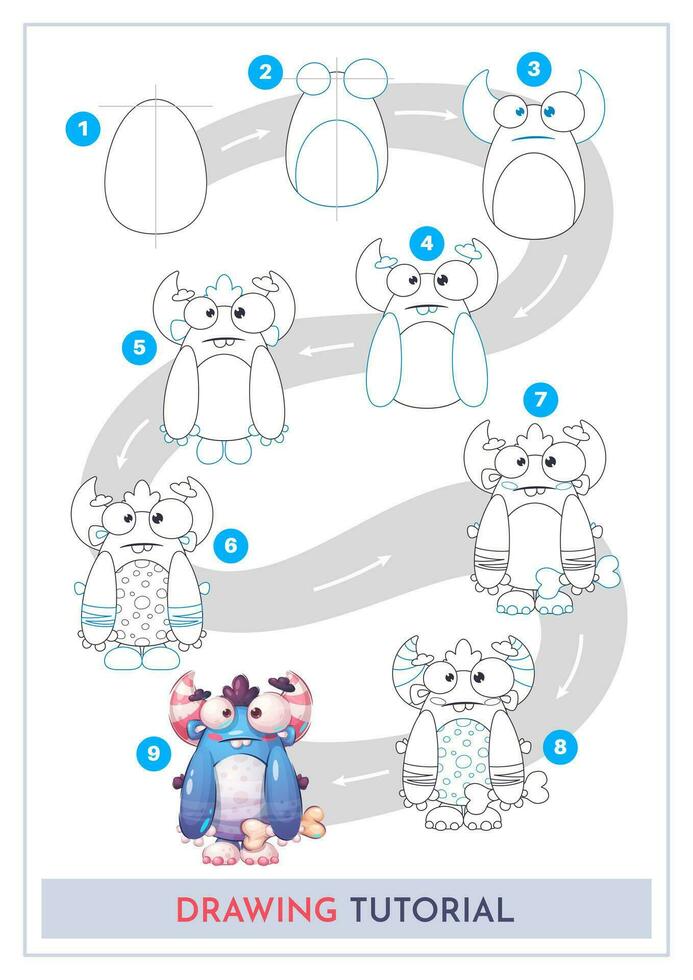 How to Draw a Monster. Step by Step Drawing Tutorial. Draw Guide. Simple Instruction for Kids and Adults vector