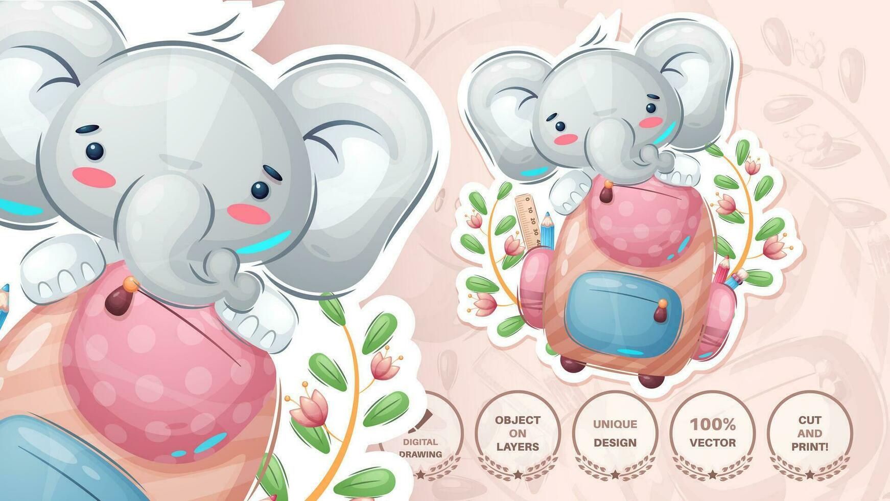 pegatina dibujos animados personaje adorable elefante con un maletín, bonito animal idea para impresión camiseta, póster y niños sobre, tarjeta postal. linda mano dibujado estilo elefante. vector