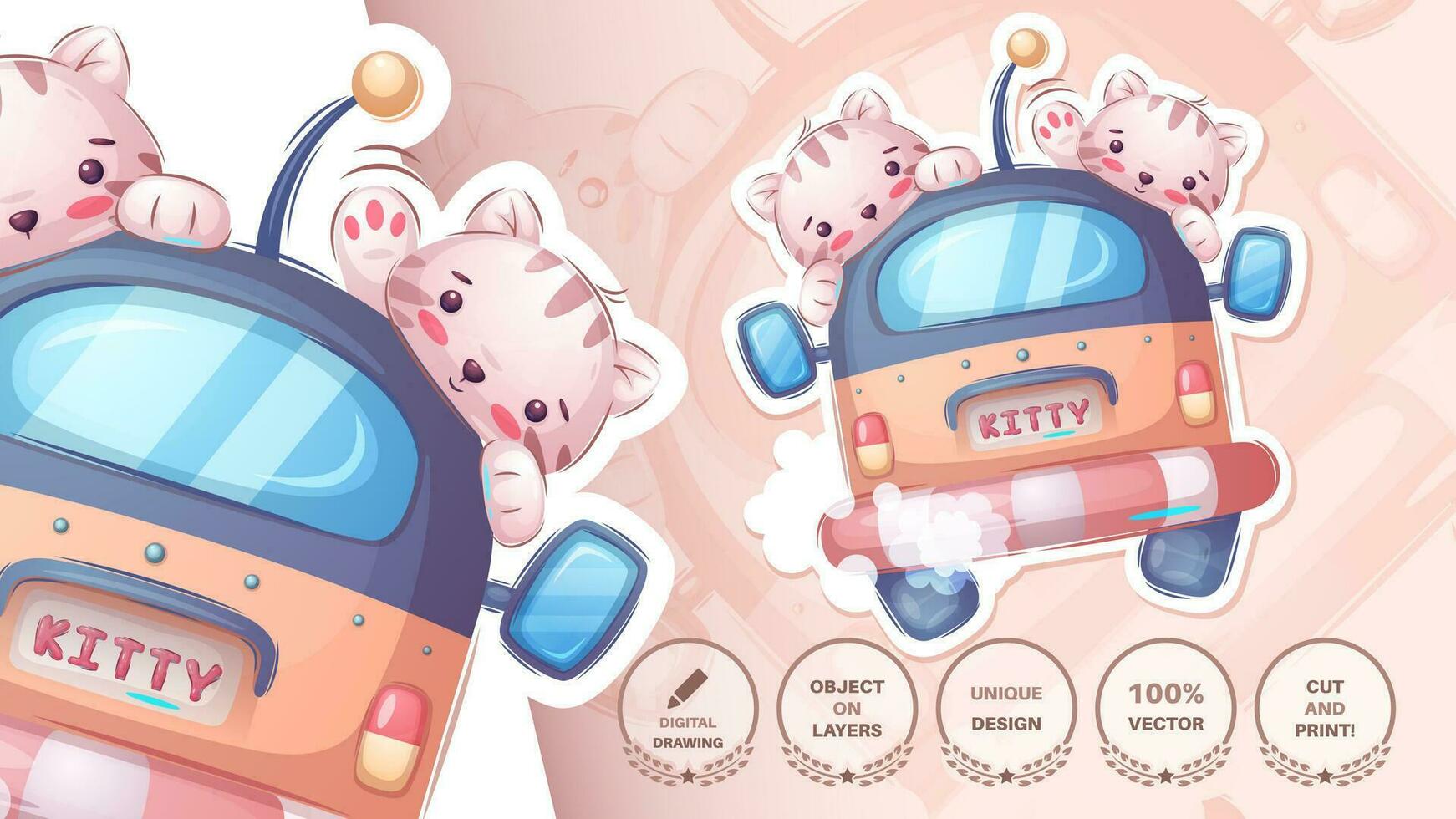 Sticker cartoon character adorable cat travel car, pretty animal idea for print t-shirt, poster and kids envelope, postcard. Cute hand drawn style kitty. Vector eps 10