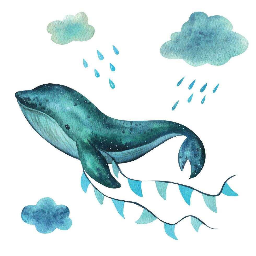 A baby whale swims on the sea and flies in the sky with garlands of flags among the clouds and raindrops. Hand drawn children s watercolor illustration. Set of isolated objects on a white background vector