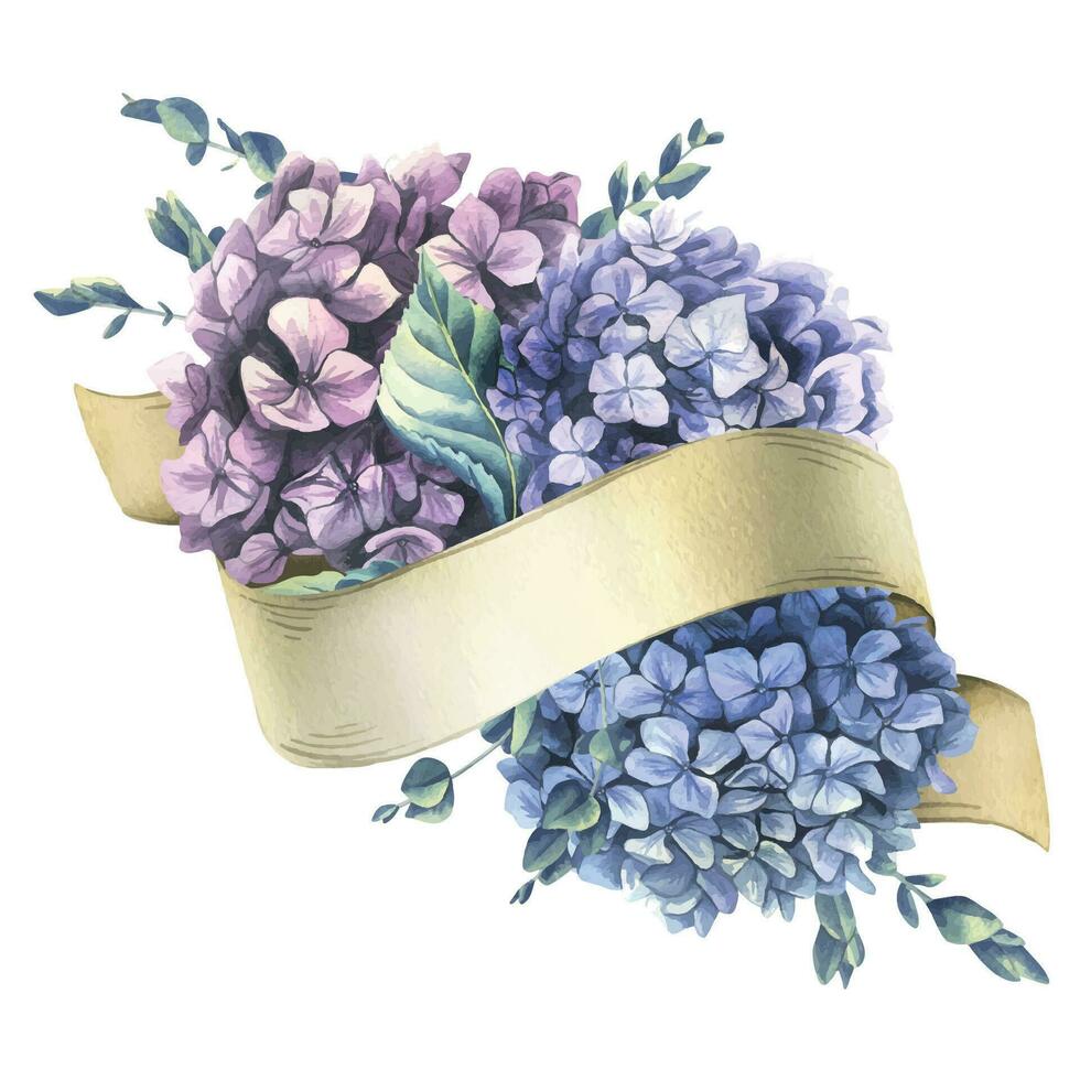 Paper ribbon scroll with blue, pink, purple hydrangea eucalyptus flowers. Hand drawn watercolor illustration. Template, frame on a white background vector EPS