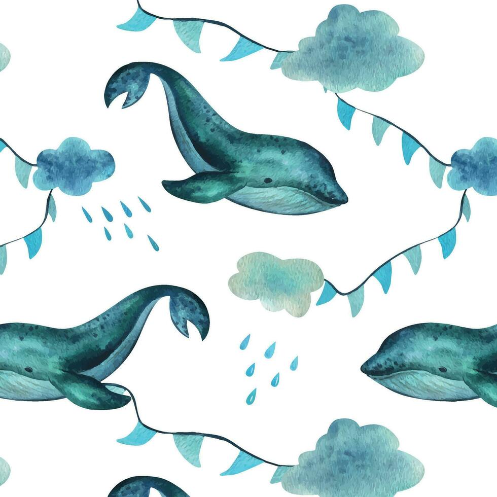 A baby whale swims on the sea and flies in the sky with garlands of flags among the clouds and raindrops. Hand drawn children s watercolor illustration. Seamless pattern on a white background vector