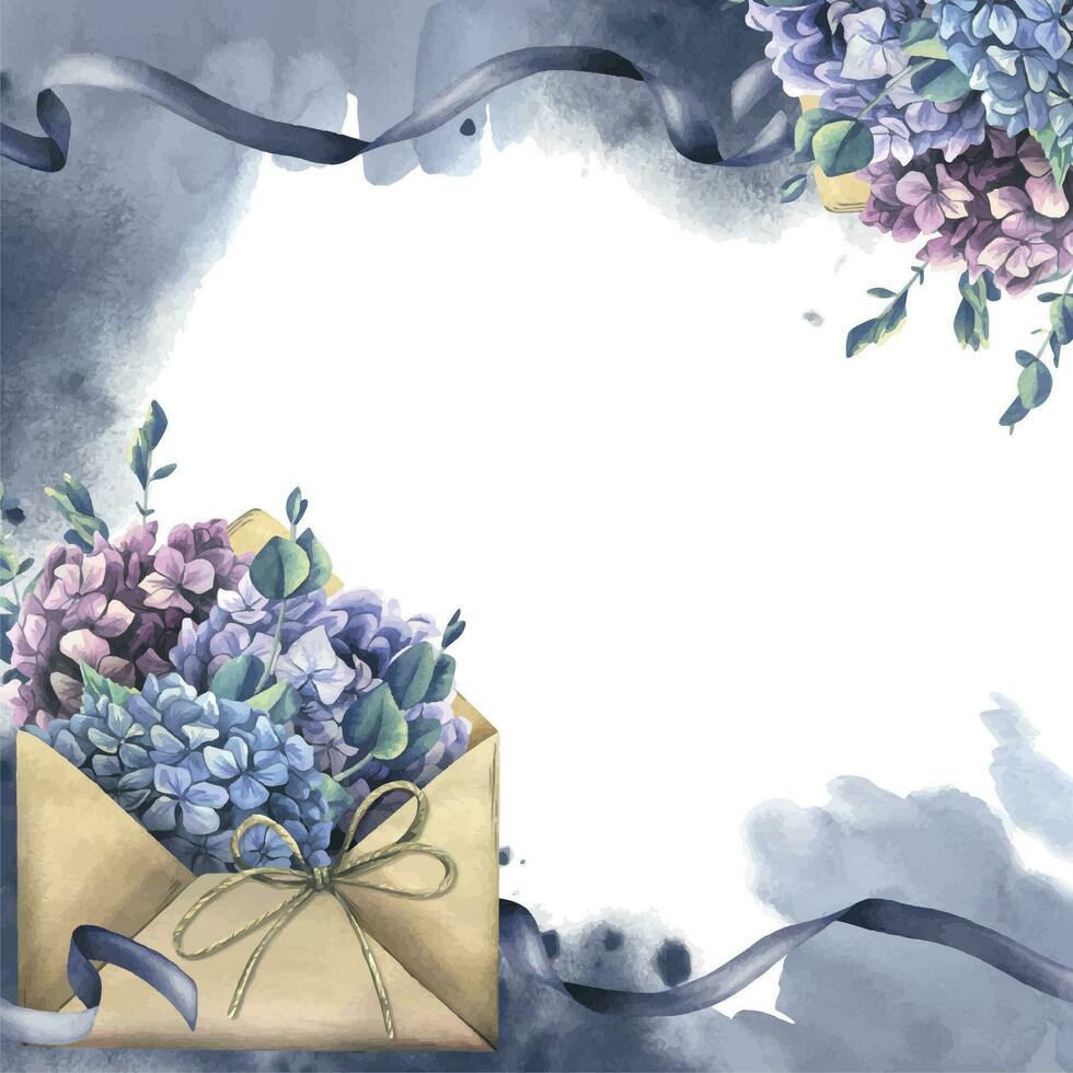 Craft envelope with hydrangea and eucalyptus flowers, ribbons, stains and splashes. Hand drawn watercolor illustration. Frame, square template for text on a white background vector EPS