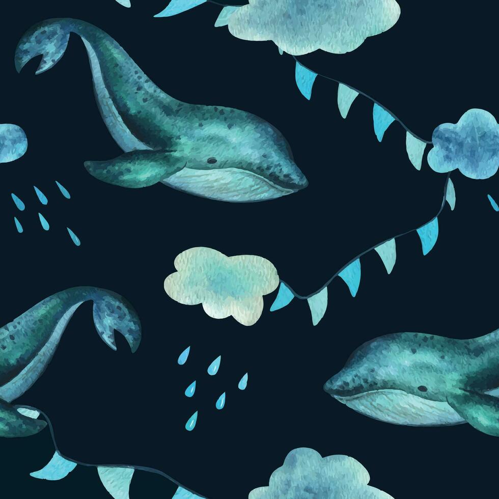 un bebé ballena nada en el mar y moscas en el cielo con guirnaldas de banderas entre el nubes y gotas de lluvia. mano dibujado niños s acuarela ilustración. sin costura modelo en un azul antecedentes vector