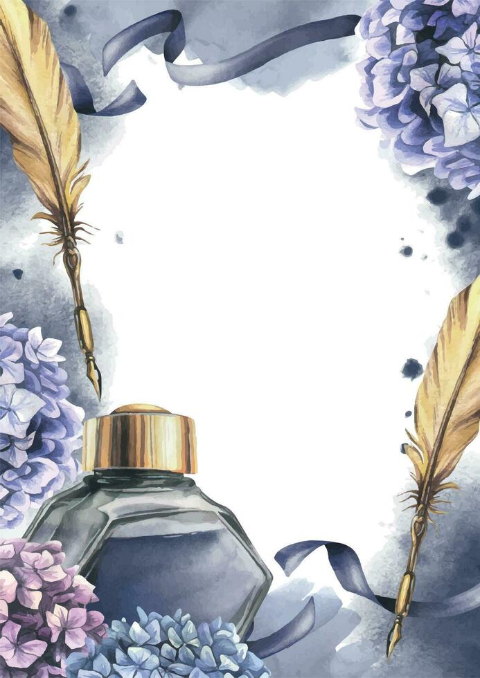 Inkwell with blue ink, gold pen, hydrangea flowers, ribbons, blots and splashes. Hand drawn watercolor illustration. Frame, vertical template for text on a white background vector