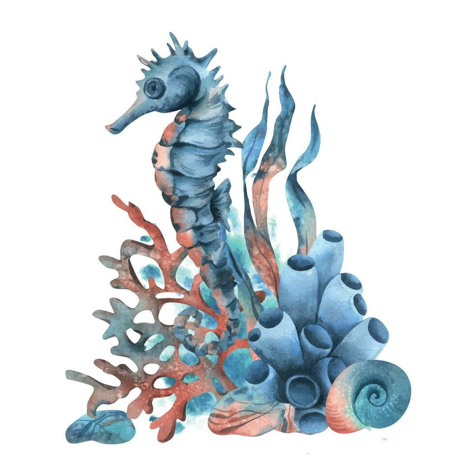 Underwater world clipart with sea animals seahorse, starfish, shells, coral and algae. Hand drawn watercolor illustration. Isolated composition on a white background vector