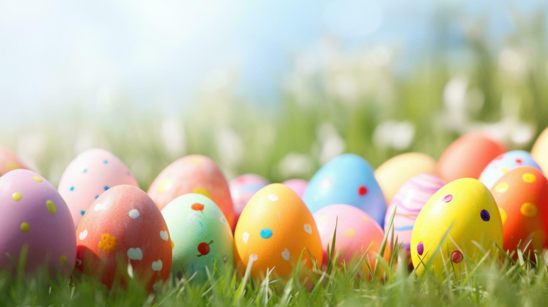 AI generated A vibrant green grass background with colorful Easter eggs scattered throughout photo